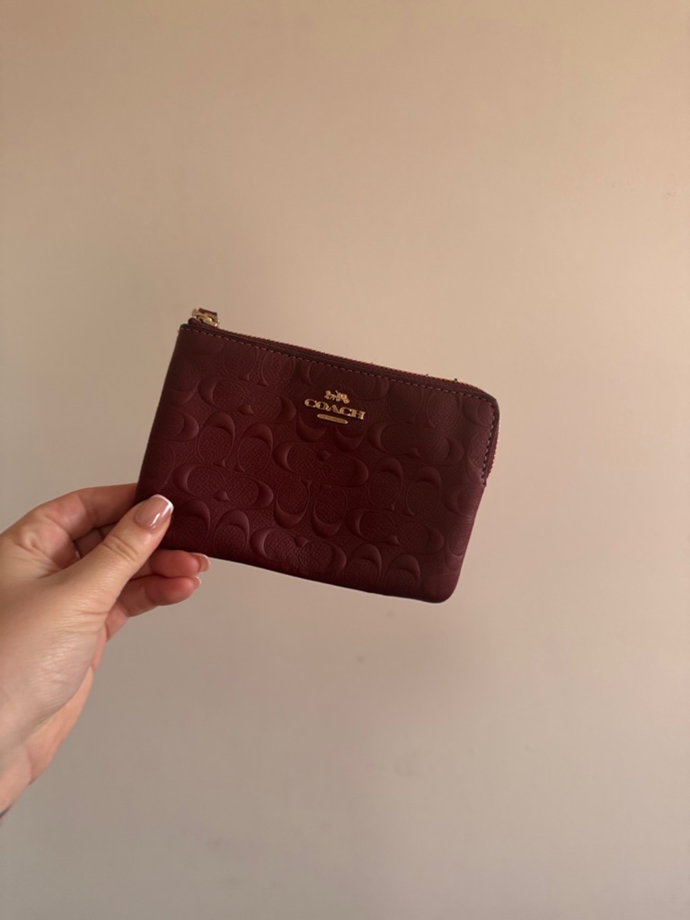Coach Burgundy Embossed Leather Zip Pouch with Gold Logo